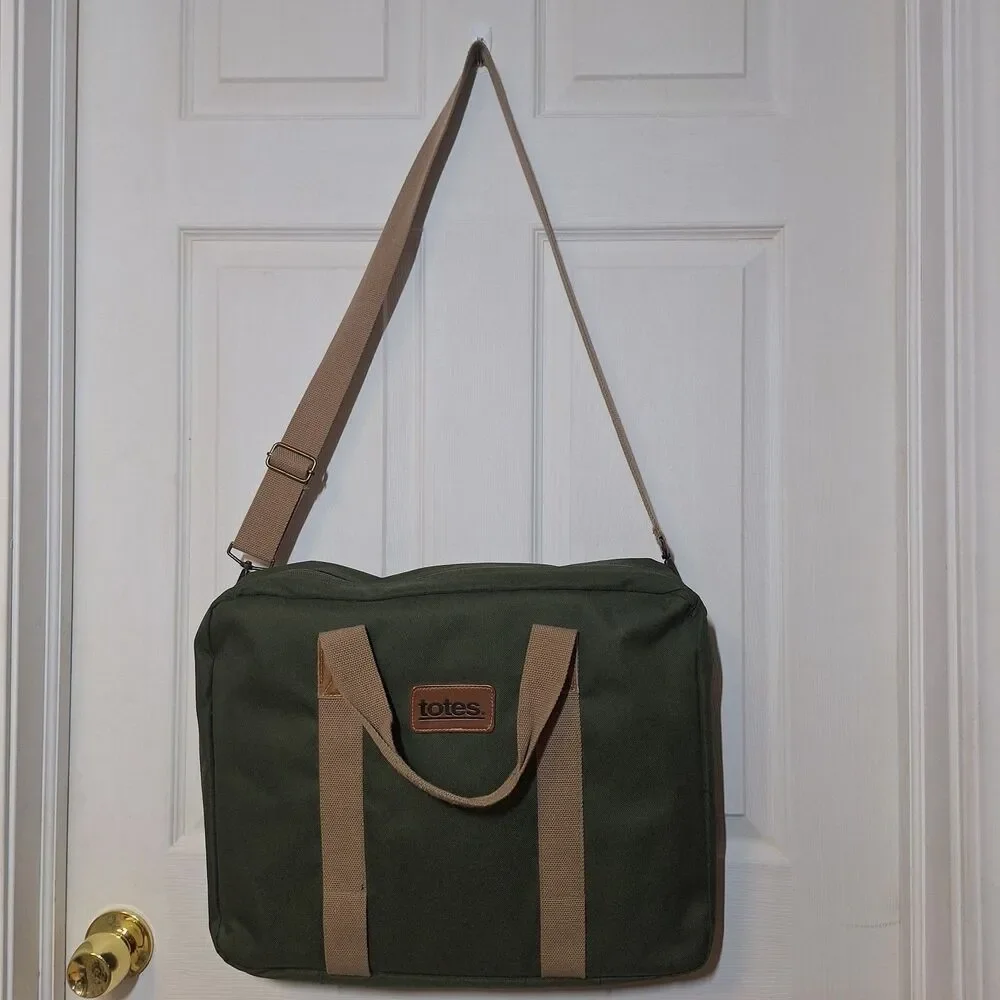 Totes Green Tan Canvas Laptop Swing Bag Travel Work Business Crossbody Strap